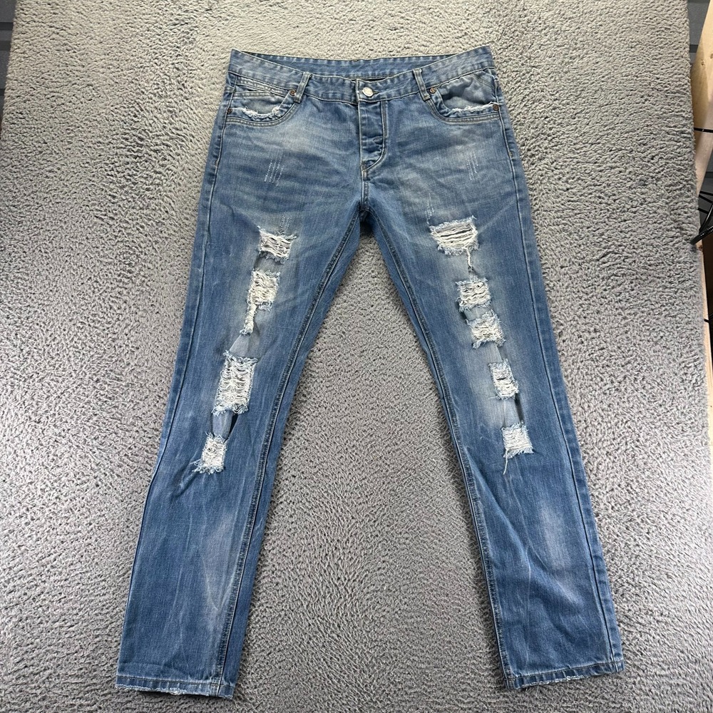 Just No Logo Jeans Mens 38x33 Blue Cotton Denim Straight Distressed Button-Fly